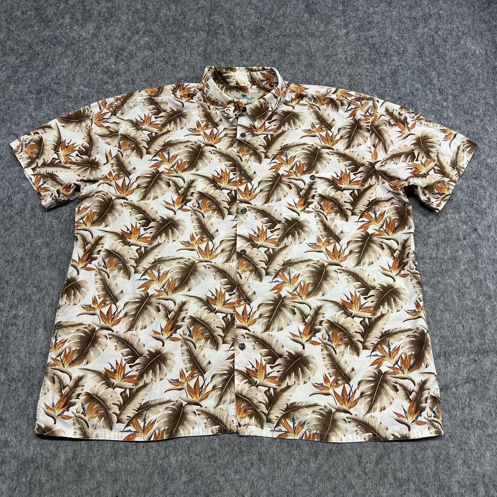 Island Shores Shirt Mens 2XL Beige Tropical Hawaiian Floral Button Front Travel